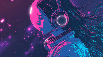 A beautiful woman with long hair in an astronaut suit, listening to music through headphones, in the style of vector art, with bright colors, pink and blue tones.