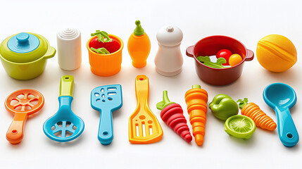A set of toy kitchen utensils and food, isolated on white background