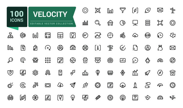 Velocity line icons set. Outline set of velocity vector icons for web and ui design. Editable vector line icon set and illustration for application.