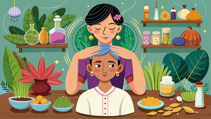 Educational sketch on Ayurvedic head massage with natural oils for wellness. Concept Ayurveda, Head Massage, Natural Oils, Wellness, Educational Sketch