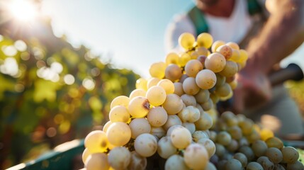 A vineyard worker places a cluster of golden-yellow grapes into a container during harvest, with...