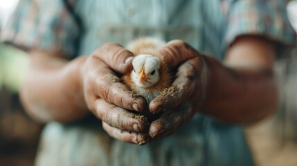 A pair of rustic, dirt-marked hands delicately holding a baby chick, illustrating the gentle and nurturing relationship in traditional farming practices.