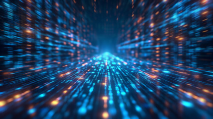 Naklejka premium Abstract digital background with binary code streams in a futuristic setting, showcasing technology and data flow.