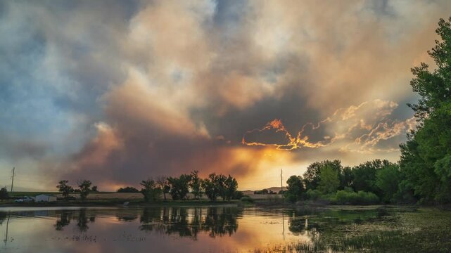 wildfire at Colorado foothills west of Loveland, time lapse of a smoke plume from Mount Alexander fire as seen at sunset from Boyd Lake