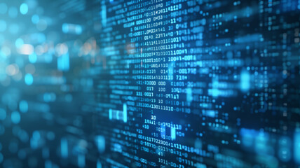 Obraz premium Abstract digital background with binary code streams in a futuristic setting, showcasing technology and data flow.