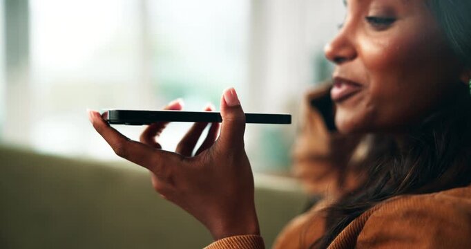 Woman, communication and phone with speaker for conversation, voice note or audio message on sofa at home. Closeup of female person talking on mobile smartphone for vocal or sound recording at house