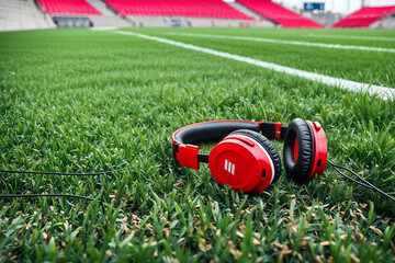 red headphones lying on the grass