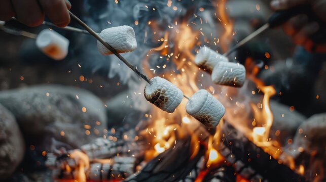 A close-up of several hands roasting marshmallows over a campfire under a starry night sky, evoking feelings of nostalgia, warmth, and happy memories of camping trips.