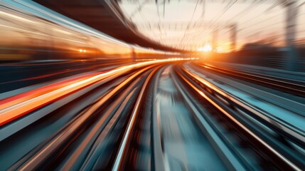 This photo showcases the dramatic speed and energy of a train racing along the tracks at sunset, created with motion blur to highlight its swift motion and beautiful scene.