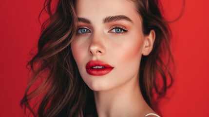 Fototapeta premium Woman showcasing bold lipstick against striking red background in stylish portrait