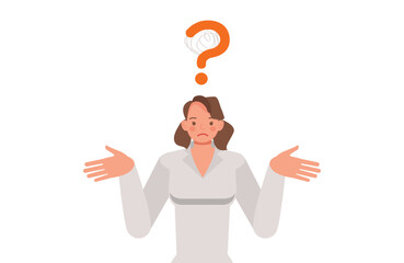 Woman with question mark and don't know answer. Character vector design. Flat illustration style.