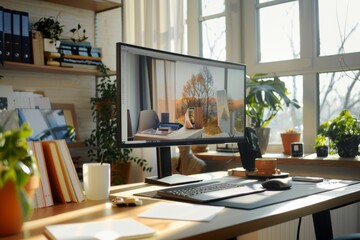 Modern Home Office with High-Resolution Monitor Displaying Online Lecture, Notebooks, and Coffee Cup