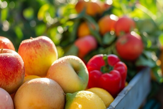 A collection of apples, lemons, and red bell peppers arranged beautifully in natural sunlight with a blurred background.