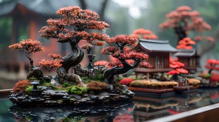 A small bonsai tree is surrounded by rocks and other plants