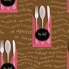 Vector pattern of forks, knives and spoons to be served in napkinsin, many languages ​​bon appetit wishes to everyone.