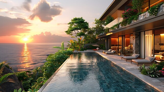 A breathtaking view of an infinity pool at sunset, with the pool's edge blending seamlessly into the ocean, elegant lounge areas, and lush tropical greenery, capturing the tranquil and luxurious vibe 