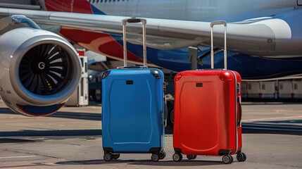 Fototapeta premium Suitcases beside a passenger plane at the airport. Summer vacation and tour concept. Travel bags by the aircraft