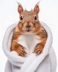 Obraz premium A cute squirrel wrapped in a white towel, looking at the camera with a white background and photo studio lighting. Animal bathroom art