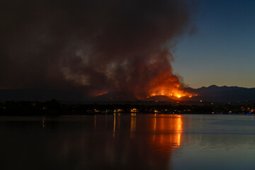 wildfire at Colorado foothills west of Loveland, smoke plume from Mount Alexander fire as seen at...