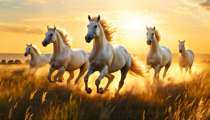 A herd of white horses running on water, creating a majestic and powerful scene with splashing effects