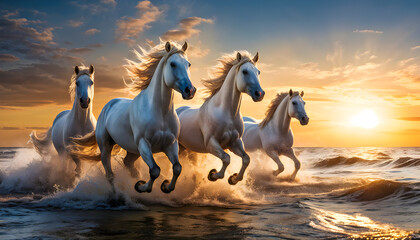 A herd of white horses running on water, creating a majestic and powerful scene with splashing effects