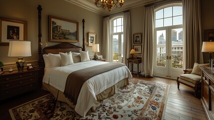 A high-resolution photograph of a boutique hotel room, featuring an elegantly decorated bedroom with a four-poster bed, plush linens, personalized welcome gifts, and large windows offering a scenic vi