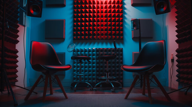 two chairs in front of sound panels and monitors, sound recording studio, red light on the walls, blue lights, sound foam around the windows, high quality photo, high resolution 