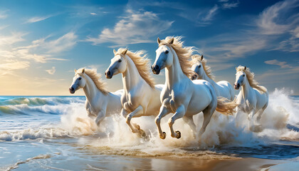 A herd of white horses running on water, creating a majestic and powerful scene with splashing effects