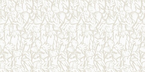 Obraz premium Seamless french gender neutral floral linen printed fabric border background. Light mottled white on grey cottage core block print pattern. Shabby chic woven duotone cloth effect. 