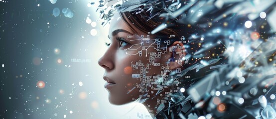 Beautiful woman surrounded by floating digital elements, symbolizing the world of technology and social media in her head, online marketing