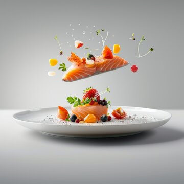 Naklejki Creative gourmet dish concept floating salmon with fresh ingredients on white plate. High-end culinary art showcasing modern food styling for restaurants and food photographers. AI