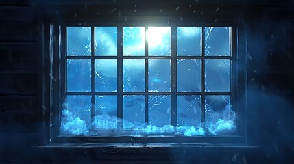 Fototapeta premium Dark room window with blue smoke and bright light