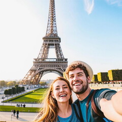 Happy couple of tourists taking selfie picture in front of Eiffel Tower in Paris, France