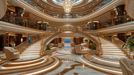 Obraz premium A high-resolution photograph of a luxury cruise ship's grand atrium, featuring elegant marble floors, a sweeping staircase, crystal chandeliers, and plush seating areas, capturing the opulence and sop