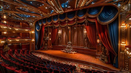 A high-resolution photograph of a luxury cruise ship's theater, featuring plush seating, a grand stage with velvet curtains, and elegant decor, capturing the sophistication and entertainment options o