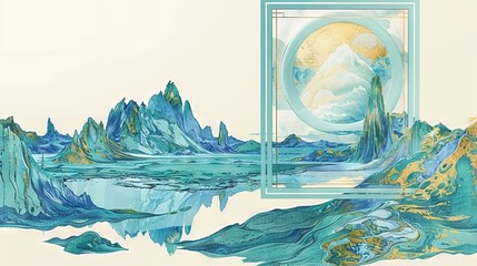   A landscape painting depicts mountains, water, and moon in foreground and background respectively