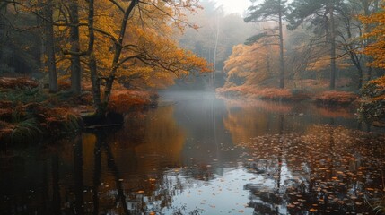 Fototapeta premium Serene autumn lake with fog and colorful trees, a serene natural retreat, peaceful reflection in nature's colors, misty forest view