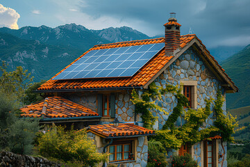 Naklejka premium Photovoltaic Solar Panels on the Roof of a House: Harnessing Clean Energy for Sustainable Living and Eco-Friendly Home Power Solutions. Generative AI.