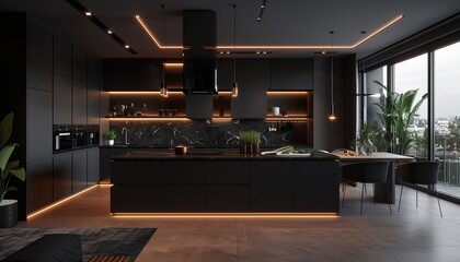 Chic Black Kitchen with City View