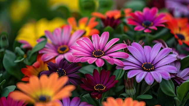 A close-up of blooming flowers in a garden setting with rich, vivid colors and delicate petals capturing the essence of springtime renewal and the beauty of nature's bounty