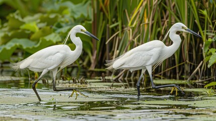 Fototapeta premium Egrets hunt in the wetlands, their long legs and sharp beaks creating an elegant and focused image as they search for food in the shallow water