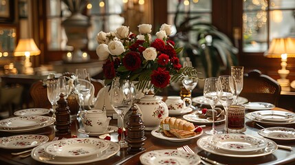 A luxurious boutique hotel dining area, featuring a beautifully set table with fine china, gourmet breakfast, and personalized touches such as a handwritten welcome note, all under soft ambient lighti