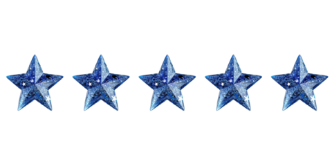 Five blue, shiny stars isolated in a transparent background. Product rating reviews for websites and mobile applications. Cut out or PNG.