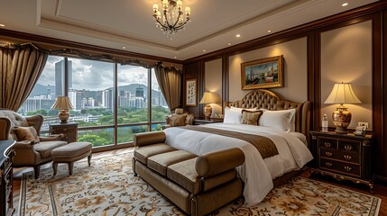 A luxurious boutique hotel suite, featuring a spacious bedroom with elegant decor, a comfortable seating area, personalized amenities such as a fruit basket and handwritten welcome note, and large win