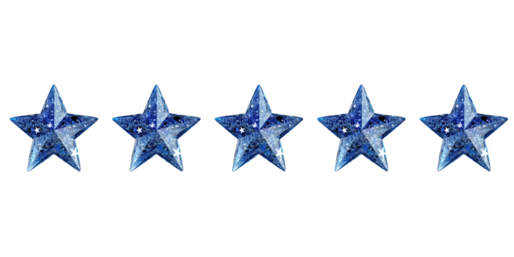 Five blue, shiny stars isolated in a transparent background. Product rating reviews for websites and mobile applications. Cut out or PNG. - Powered by Adobe