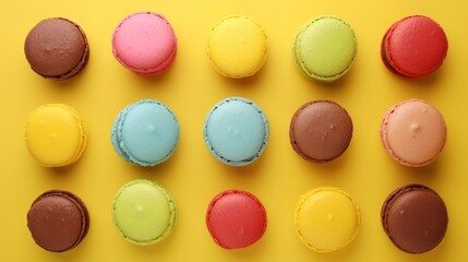 Obraz premium Colorful macarons arranged in a grid on a vibrant yellow background. The image is bright, cheerful, and perfect for food blogs, bakeries, or social media inspiration. AI