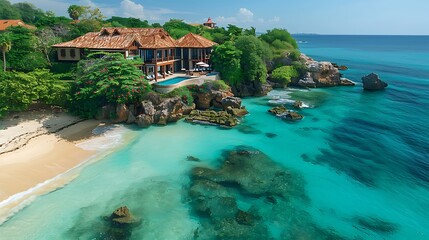 A luxurious island retreat, showcasing a private beach with crystal-clear water, verdant gardens with exotic flowers, and elegant accommodations with personalized services, creating an exclusive and s