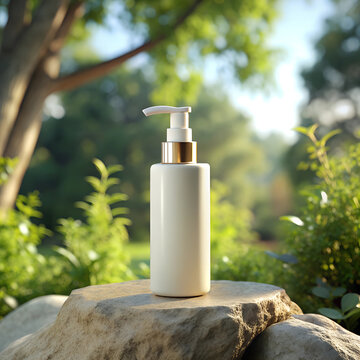 cosmetic bottles Mockup  on stone podium,natural sceane
