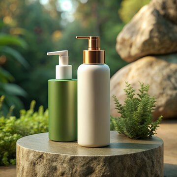 cosmetic bottles Mockup  on stone podium,natural sceane