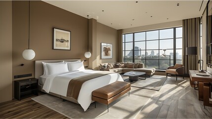 A luxurious photograph of a high-end hotel suite, featuring a king-size bed with premium linens, a stylish lounge area with designer furniture, and floor-to-ceiling windows offering sweeping views of 